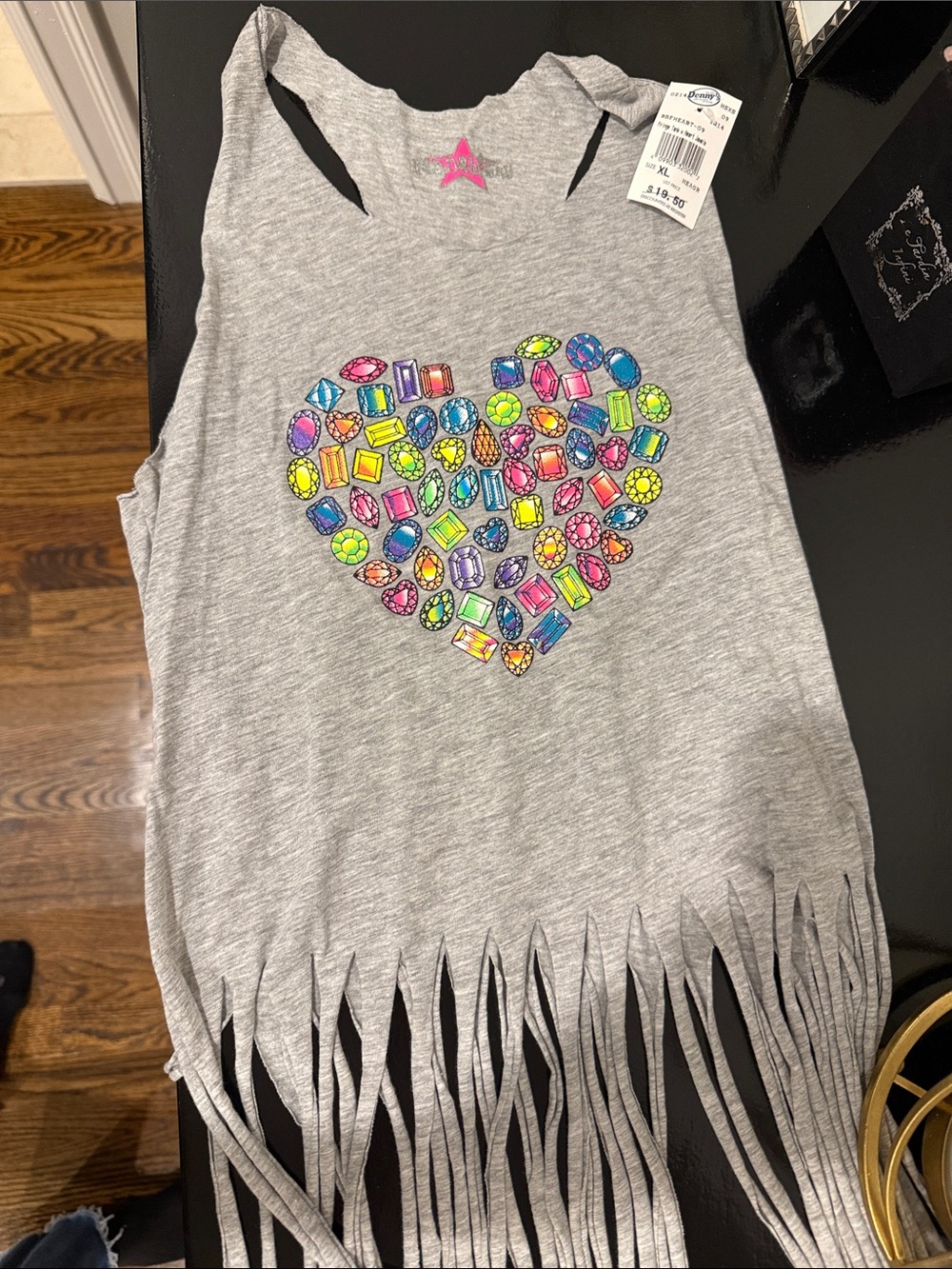 Denny's Fringe Tank w Heart Jewels Heart Jewel Fringe Tank Gray XL NWT